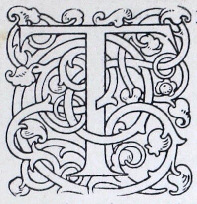 The square shape around the seriffed letter T is formed out of interlacing ribbons with terminal foliation of acanthus leaves and pomegranate buds. The decoration is created in thin black lines, leaving the letters, vines, and leaves white. It appears to be a wood engraving.