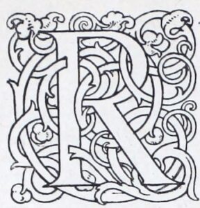 The square shape around the seriffed letter R is formed out of interlacing ribbons with terminal foliation of acanthus leaves and pomegranate buds. The decoration is created in thin black lines, leaving the letters, vines, and leaves white. It appears to be a wood engraving.