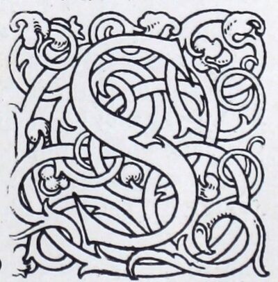 The square shape around the seriffed letter S is formed out of interlacing ribbons with terminal foliation of acanthus leaves and pomegranate buds. The decoration is created in thin black lines, leaving the letters, vines, and leaves white. It appears to be a wood engraving.