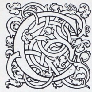 The square shape around the seriffed letter C is formed out of interlacing ribbons with terminal foliation of acanthus leaves and pomegranate buds. The decoration is created in thin black lines, leaving the letters, vines, and leaves white. It appears to be a wood engraving.