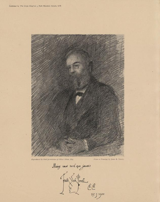 This is a portrait of Frederick York Powell done in pencil by John B. Yeats. Powell’s body is off-centre and turned slightly to the right. He is wearing a lapel suit jacket, a buttoned-up vest, a collared shirt, and a bow tie. His hands are folded together in front of his stomach. He has a full beard and moustache, as well as short hair that appears to be receding. He is wearing glasses.