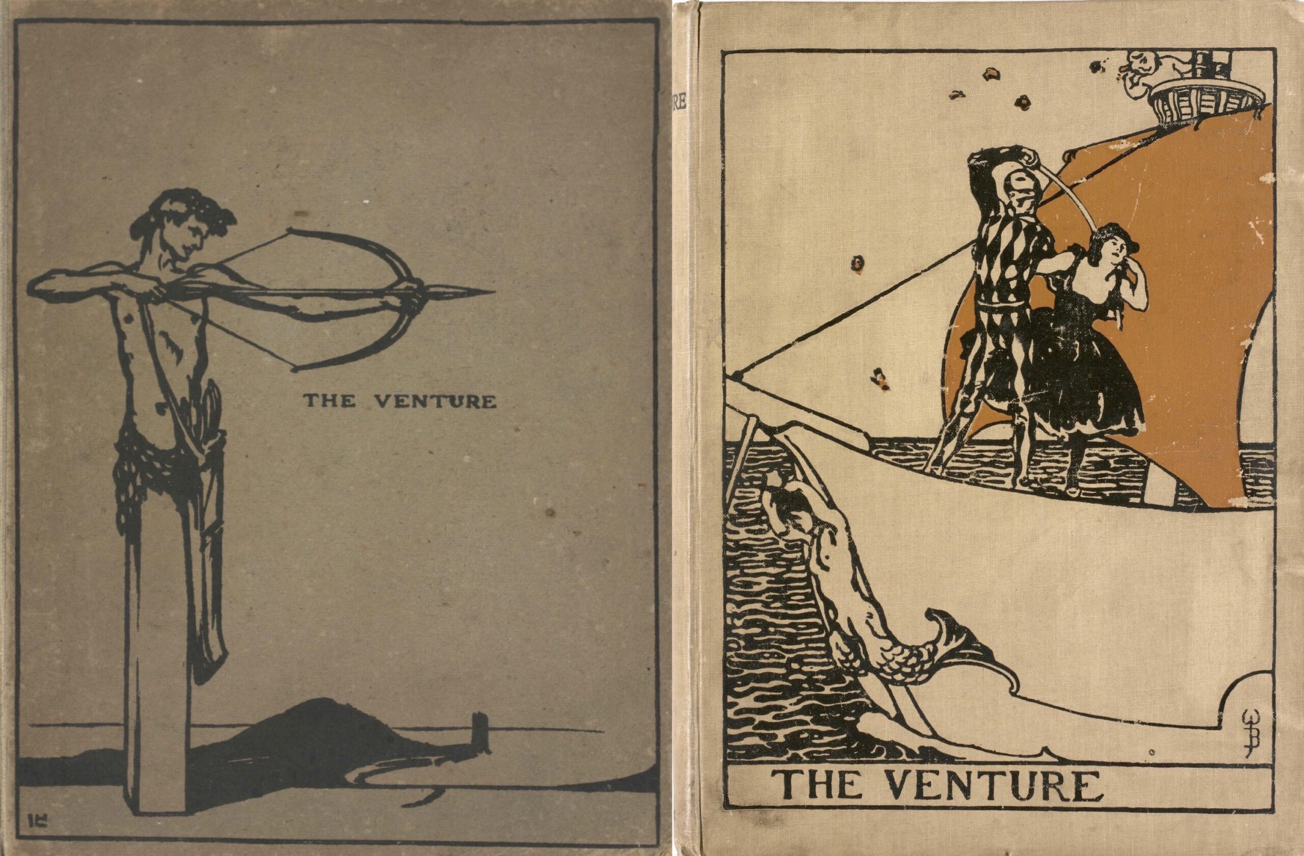 Left: Cover design by Laurence Housman for The Venture, vol. 1 (1903);                        Right: Cover design by Walter Bayes for The Venture, vol. 2 (1905)